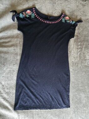 Talbots Navy Embroidered Floral Nantucket Slub Shift Dress Size Medium Petite MP